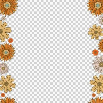 Hand-drawn stylized daisy and sunflower blooms are decorating transparent border Stock Illustration