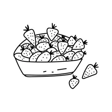 Hand drawn stylized vector illustration of red strawberries in a bowl. Cartoo Stock Illustration