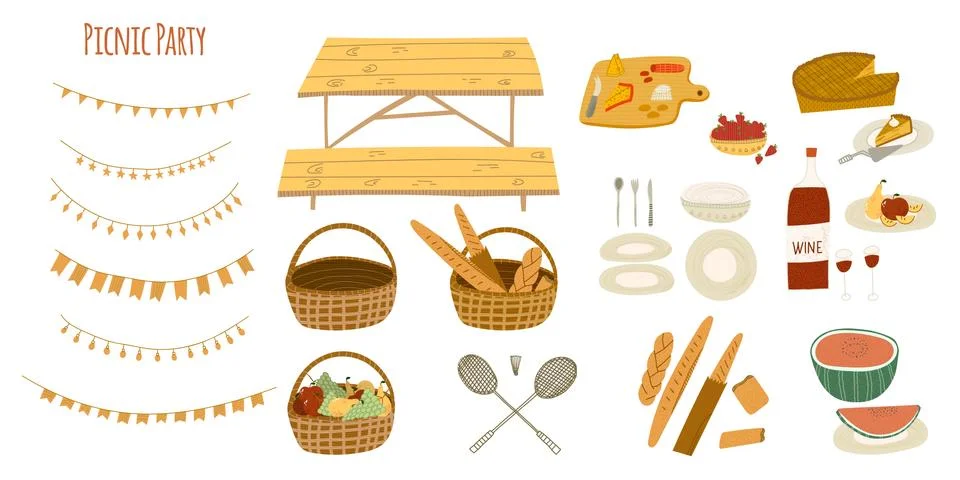 Hand drawn stylized vector illustration of picnic party essentials basket, pi Illustrazione stock