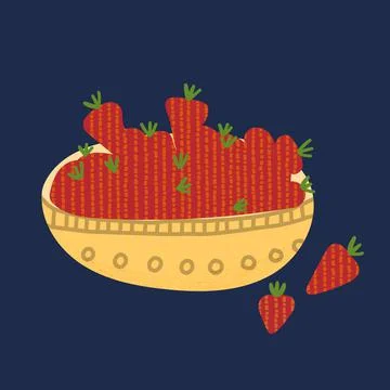 Hand drawn stylized vector illustration of red strawberries in a bowl. Cartoo Stock Illustration