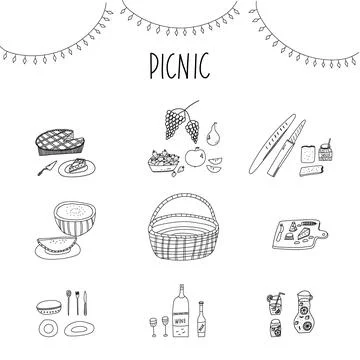 Hand drawn stylized vector illustration of picnic party essentials basket, pi Stock Illustration