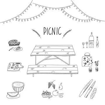 Hand drawn stylized vector illustration of picnic party essentials basket Stock Illustration