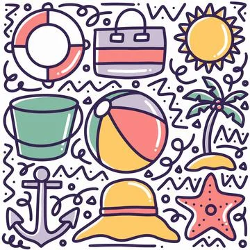 Hand drawn summer beach doodle set Stock Illustration