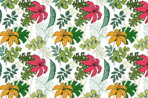 Hand Drawn Summer Botanical Pattern with Tropical Vegetation and Leaves Stock Illustration