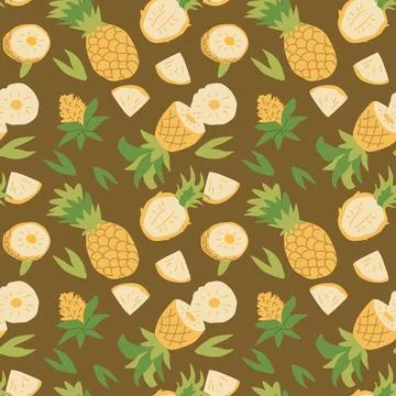 Hand drawn summer bright fruit pineapple pattern with plant parts and sliced 스톡 일러스트