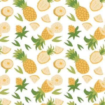 Hand drawn summer bright fruit pineapple pattern with plant parts and sliced 스톡 일러스트