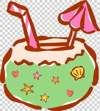 Hand drawn Summer Coconut Drink with Straw and Umbrella sketchy Hand Drawn Stock Illustration
