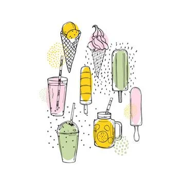 Hand drawn summer drinks and ice cream. Stock Illustration