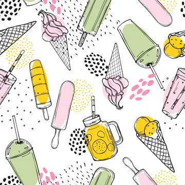 Hand drawn summer drinks,  lemonade and ice cream.    Vector seamless  patter Stock Illustration