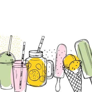 Hand drawn summer drinks,  lemonade and ice cream. Stock Illustration