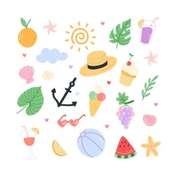 Hand drawn summer elements with fruits, desserts, and tropical decor Stock Illustration