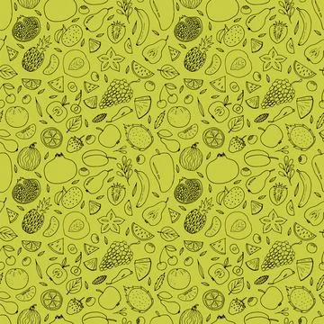Hand drawn summer fruit and berries seamless pattern. Healthy food backgrou.. Stock Illustration