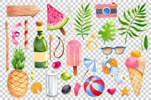 Hand drawn summer items: camera, sunglasses, ice cream. Watercolor illustrations Ilustración de archivo