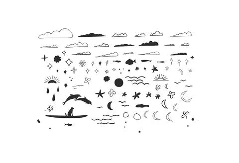 Hand Drawn Summer Ocean Doodle Elements Set with Waves, Clouds, Sun, Moon 스톡 일러스트