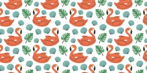 Hand drawn summer pattern with flamingo, seashell, seamless pattern for fabric Illustrazione stock