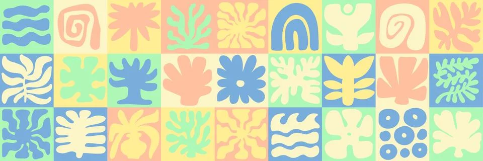Hand drawn summer pattern with nature organic shapes, flat doodles. Groovy boho Stock Illustration