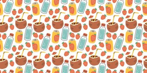 Hand drawn summer pattern with strawberry drink, water, coconut, seamless Stock Illustration