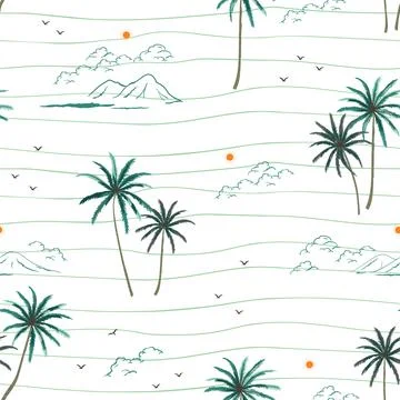 Hand drawn summer seamless pattern wih coconut tree on wavy background Stock Illustration