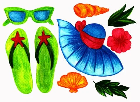Hand drawn summer set. Creative layout made of watercolor objects. Stock Illustration