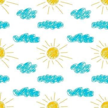 Hand-Drawn Sun and Cloud Seamless Pattern Stock Illustration