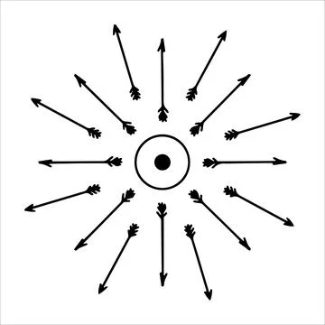 Hand drawn sun with arrows in line art style. Abstract sun with ink outline and Stock Illustration