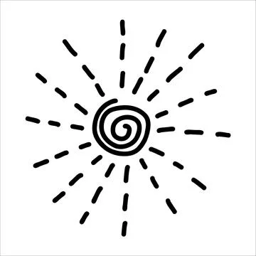 Hand drawn sun with dotted line rays and swirl inside. Cute doodle sun, perfect Stockillustratie
