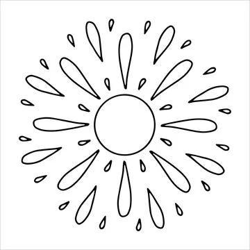 Hand drawn sun with drop shaped beams in doodle style. Abstract sun with rain, Stock Illustration