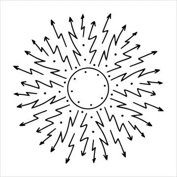 Hand drawn sun with lightning beams in doodle style. Abstract sun with Stock Illustration