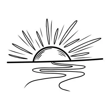 Hand drawn sun rising over wavy water surface Stock Illustration