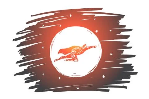 Hand drawn superhero flying in front of the Moon Stock Illustration