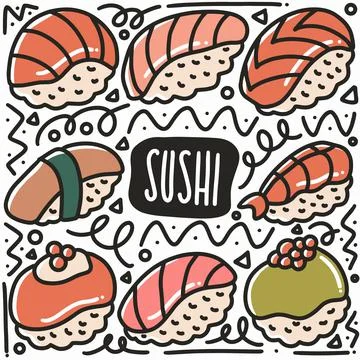 Hand drawn sushi doodle set Stock Illustration