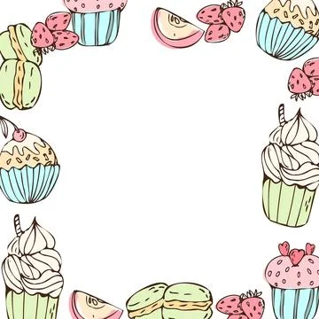 Hand drawn sweet dessert frame, doodle illustration with soft colors. Stock Illustration