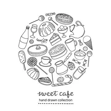 Hand drawn sweets in circle. Stock Illustration