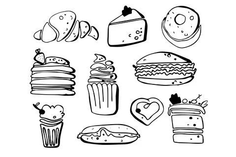Hand drawn sweets, dessert and candies set. Ice cream, cake, donut. Vector do Stock Illustration