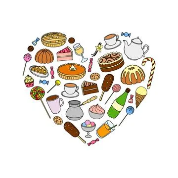 Hand drawn sweets in heart shape. Illustrazione stock