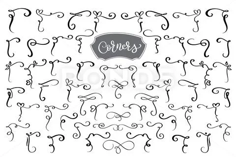 Hand drawn swirl and flourish corners. Calligraphic design elements. Vintage Stock Illustration