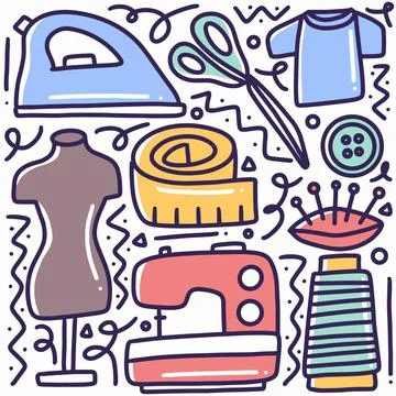 Hand drawn tailor tools doodle set Illustrazione stock