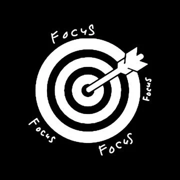 Hand Drawn Target with Arrow and Focus Text on Black Background. Stock Illustration
