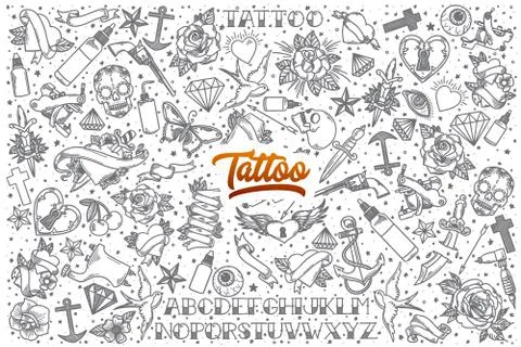 Hand drawn Tattoo doodle set with lettering Illustrazione stock