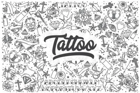 Hand drawn tattoo vector doodle set. Illustrazione stock