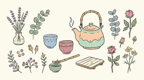 Hand drawn tea ceremony set with ceramic pot and floral botanicals on parch.. Stock Illustration