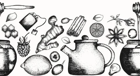 Hand drawn tea elements seamless border, ginger and lemon illustration. Dec.. Stock Illustration