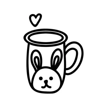 Hand drawn tea or cocoa mug with heart and bunny. Doodle vector illustration Illustrazione stock