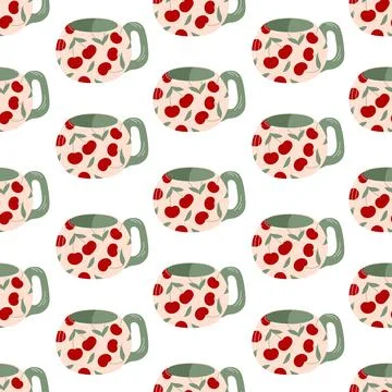 Hand drawn tea or coffee mug seamless pattern in flat style. Drink cup with Stock Illustration
