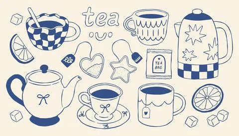 Hand drawn tea vector illustration set with teapots, cups, kettle, tea bags Stock Illustration