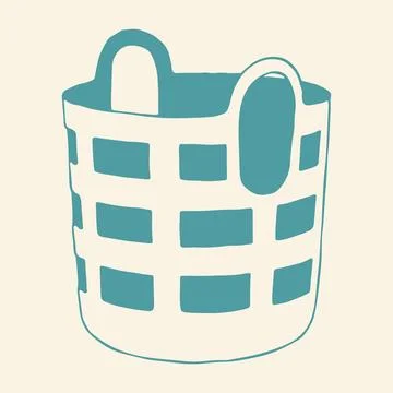 Hand drawn teal laundry basket icon. Simple doodle vector of empty plastic Stock Illustration