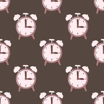 Hand drawn technic seamless pattern with doodle alarm clock print. Brown back Stock Illustration