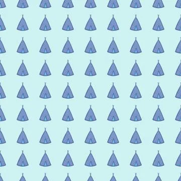 Hand drawn teepee seamless pattern on light blue background. Native style. Tr Stock Illustration