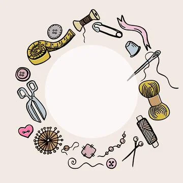 Hand drawn template sewing and knitting tools and accessories threads and Stock Illustration