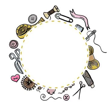 Hand drawn template sewing and knitting tools and accessories threads and Stock Illustration